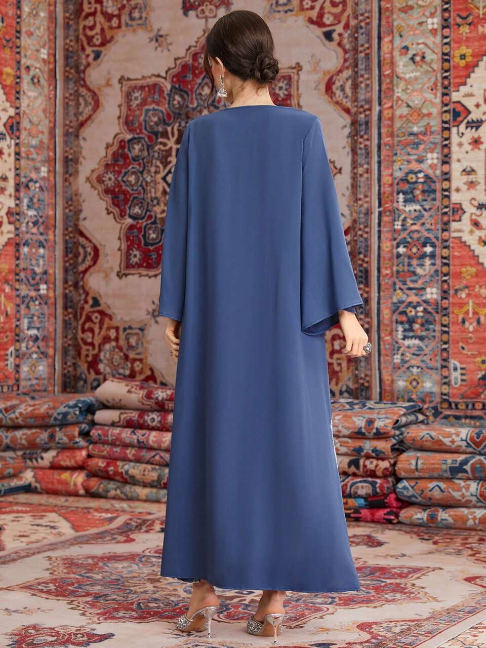 Women's Patchwork Embroidery Dress With Notched Collar Kaftan Jalabiya Dress