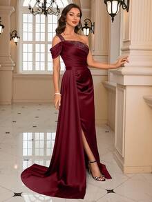 单肩及地缎面正式晚礼服 - 酒紅色 - 查看 5