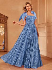 Faeriesty Floor Length Tie Shoulder Sequin Dress - Blue - View 1
