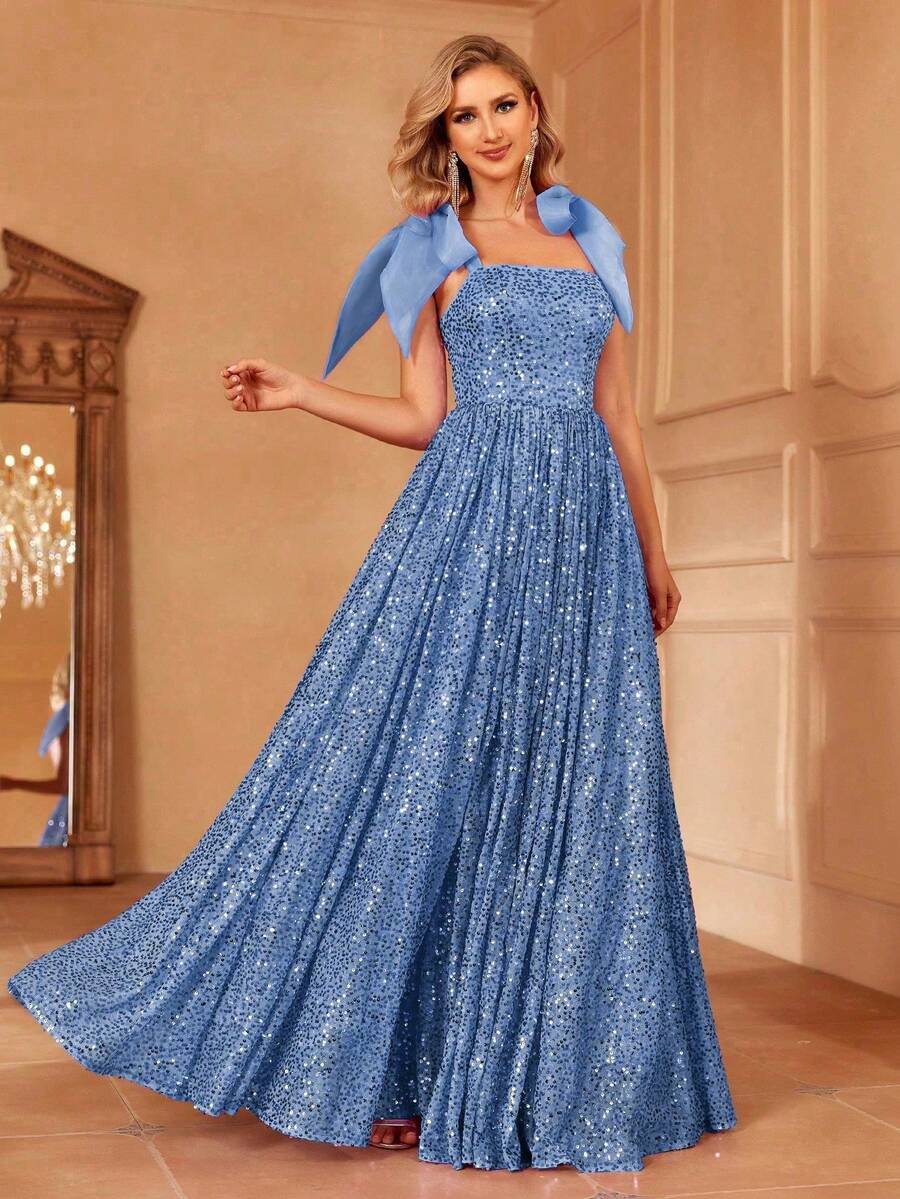 Faeriesty Floor Length Tie Shoulder Sequin Dress - Blue - View 1
