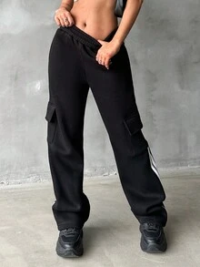 EURMUSE 女士條紋彈性腰汗褲,帶側邊條紋 - 黑色 - 查看 3