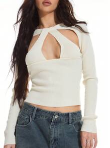 MUSERA Top De Manga Larga Y Tejido Con Recortes - Albaricoque - Ver 5