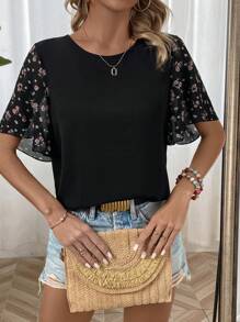 SHEIN LUNE Quý cô In hoa Ngắn tay Vòng cổ Áo sơ mi Với Bùng nổ - màu đen - Xem 4