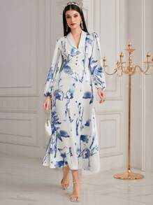 Modelyn Đầm dài tay in hoa cho nữ Đầm dạ hội dài - Xanh và trắng - Xem 1