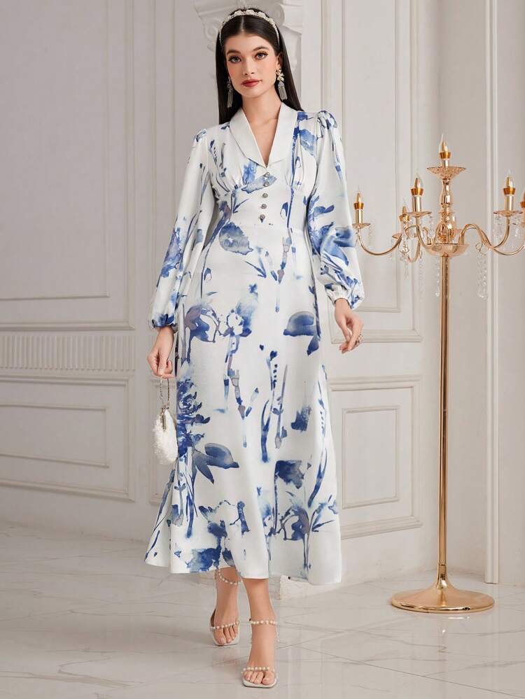 Women's Floral Printed Long Sleeve Dress Long Evening Dresses