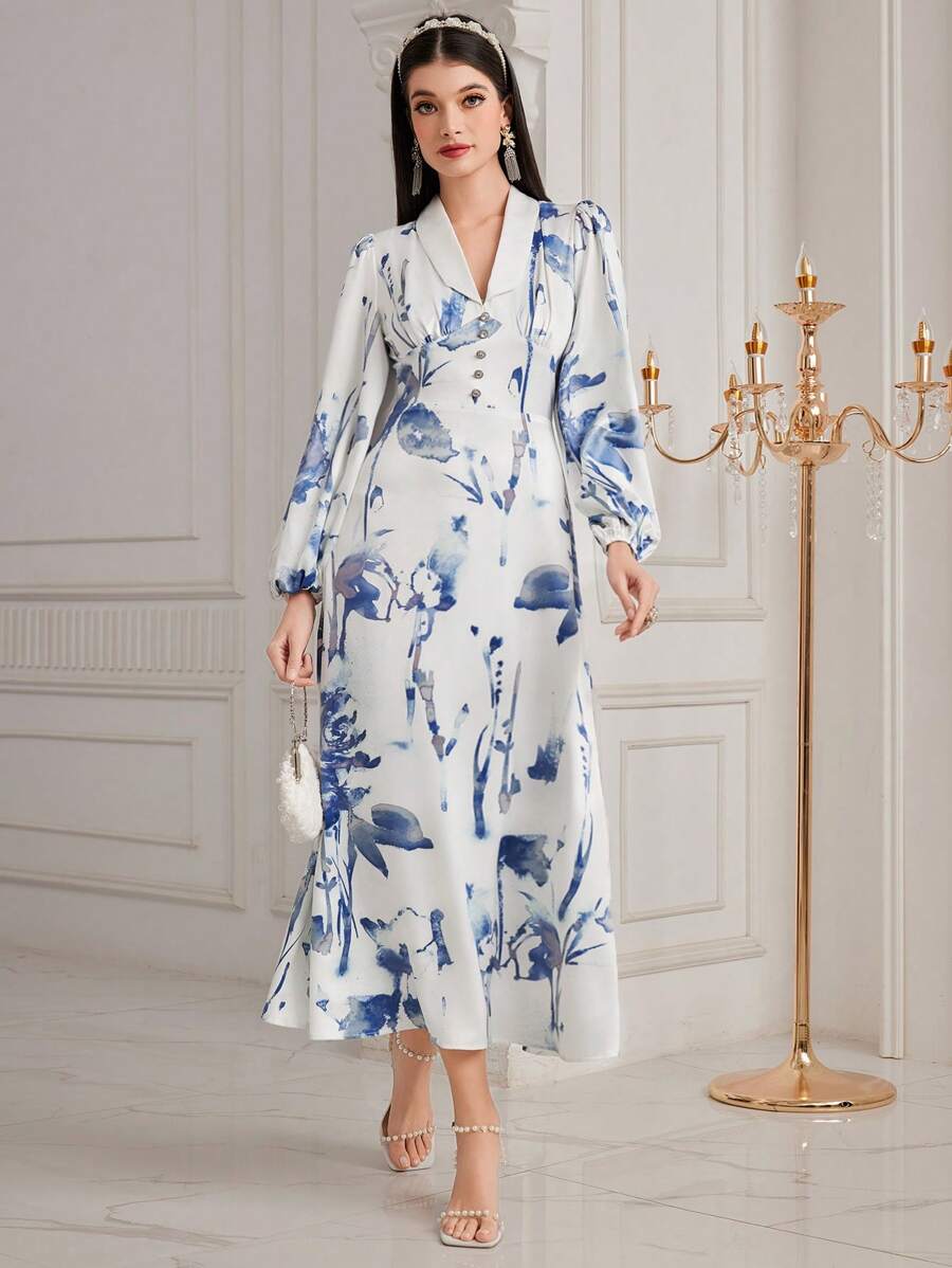 Modelyn Đầm dài tay in hoa cho nữ Đầm dạ hội dài - Xanh và trắng - Xem 1