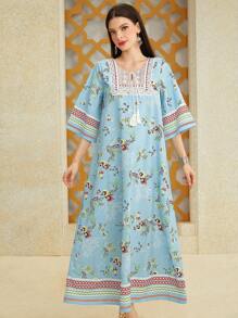 Al Najma 女式几何花卉印花流苏连衣裙，阿拉伯风格，端庄大方 - 藍色 - 查看 5