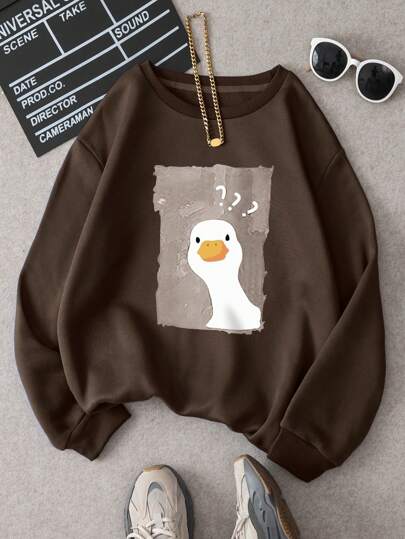 INAWLY Women'S Cartoon Duck Printed Crew Neck Sweatshirt Graduation,Back To School Outfits,Graduation,Teacher Outfits For Women,Back To School Pullover Fall Outfit