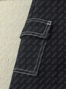 Girls' Contrast Stitching Cargo Jeans - Black - View 5