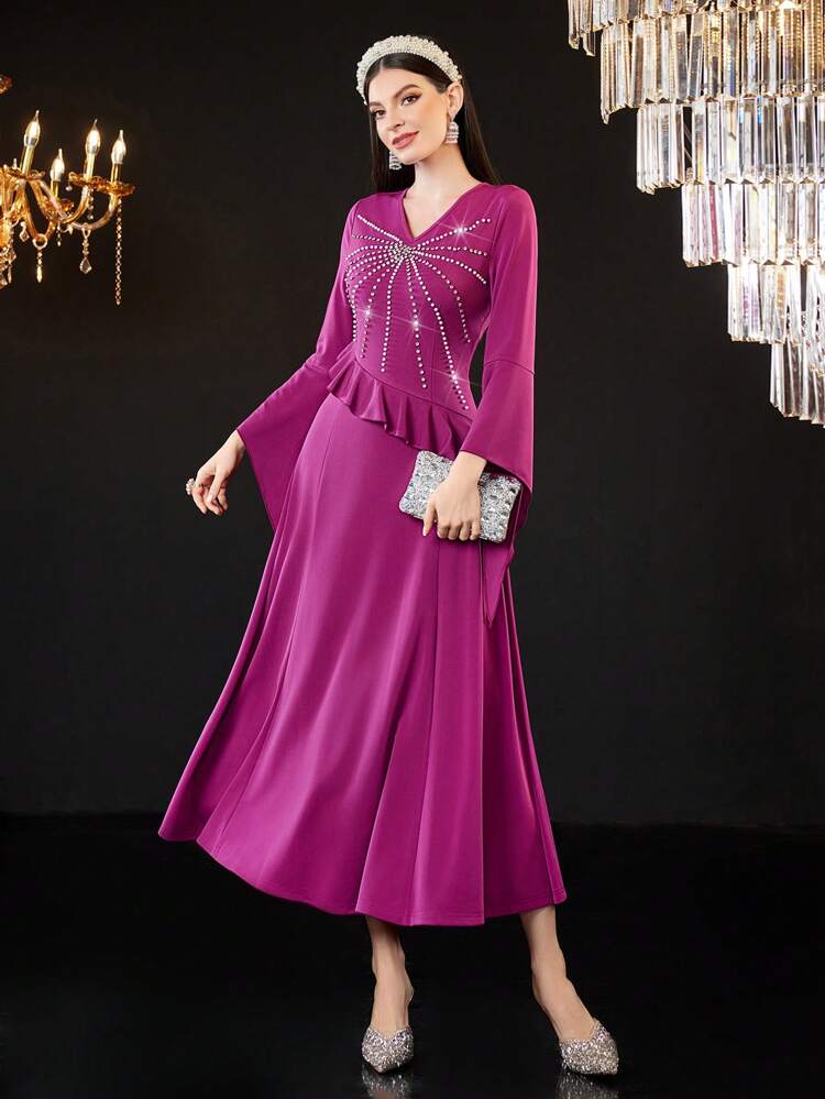 Ladies' Stud Detail Flared Sleeves V-Neck Dress