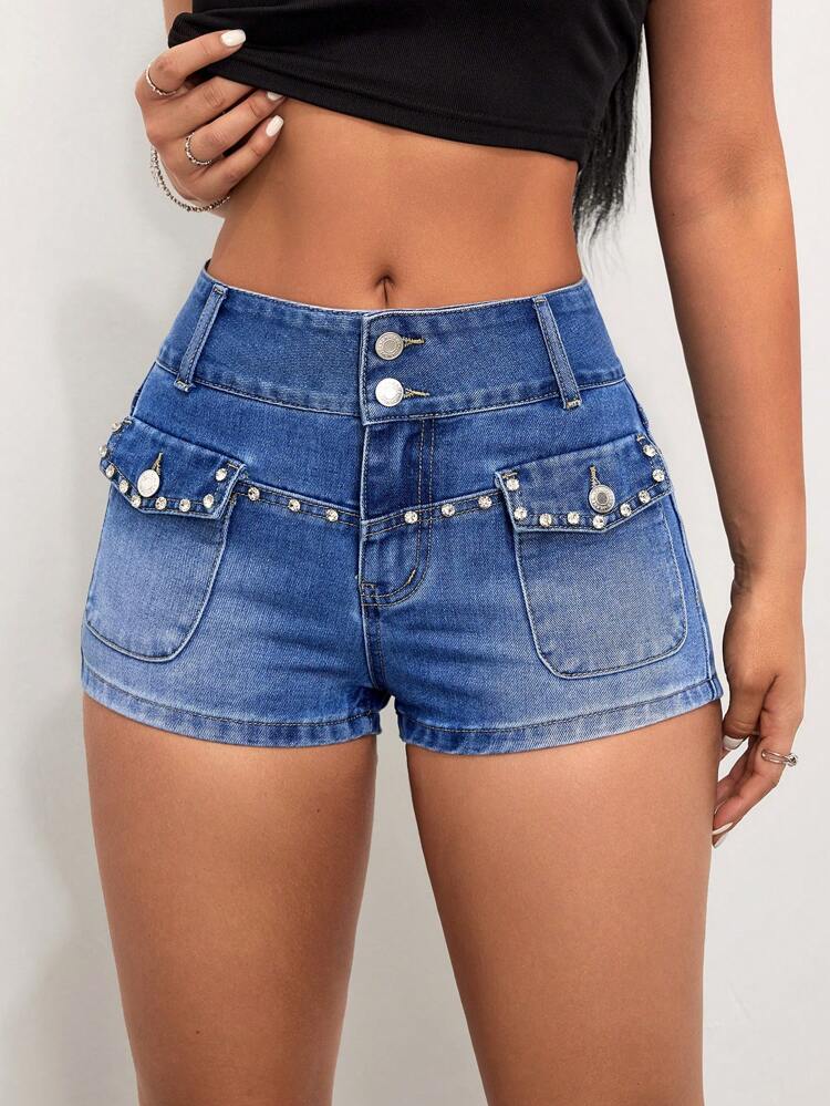 Rhinestone Embellished Denim Shorts With Washed Finish