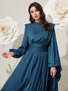 Modelyn 女士长款灯笼袖垫肩腰褶皱阿拉伯朴素连衣裙长款晚礼服 - 水鴨藍 - 查看 3