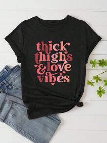 SHEIN 大码女式标语印花短袖 T 恤、Love Vibes 图案 T 恤、夏季上衣 - 黑色 - 查看 2