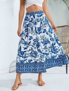 SHEIN VCAY 女士彈性腰花卉印花裙 - 藍色 - 查看 6