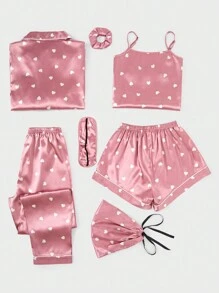 7pcs/Set Imitation Silk Heart Pattern Printed Homewear Pajama Set, Fall Clothes - Dusty Pink - View 2