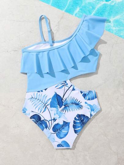 Tween Girl 1pc Tropical Print One Shoulder Ruffle Trim One-Piece Swimsuit