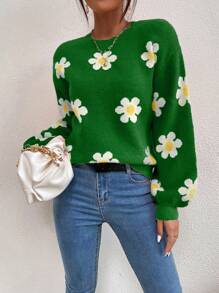 SHEIN Essnce Floral Pattern Drop Shoulder Knit Pullover Fall Winter Sweater - Green - View 5