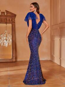 Faeriesty Váy dạ hội sequin viền đuôi cá lưới tương phản - Xanh đậm - Xem 2