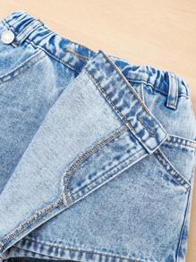 SHEIN Tween Girls Design assimétrico Lavagem pesada Desgastado Moda Anti-Flashing Denim Saia