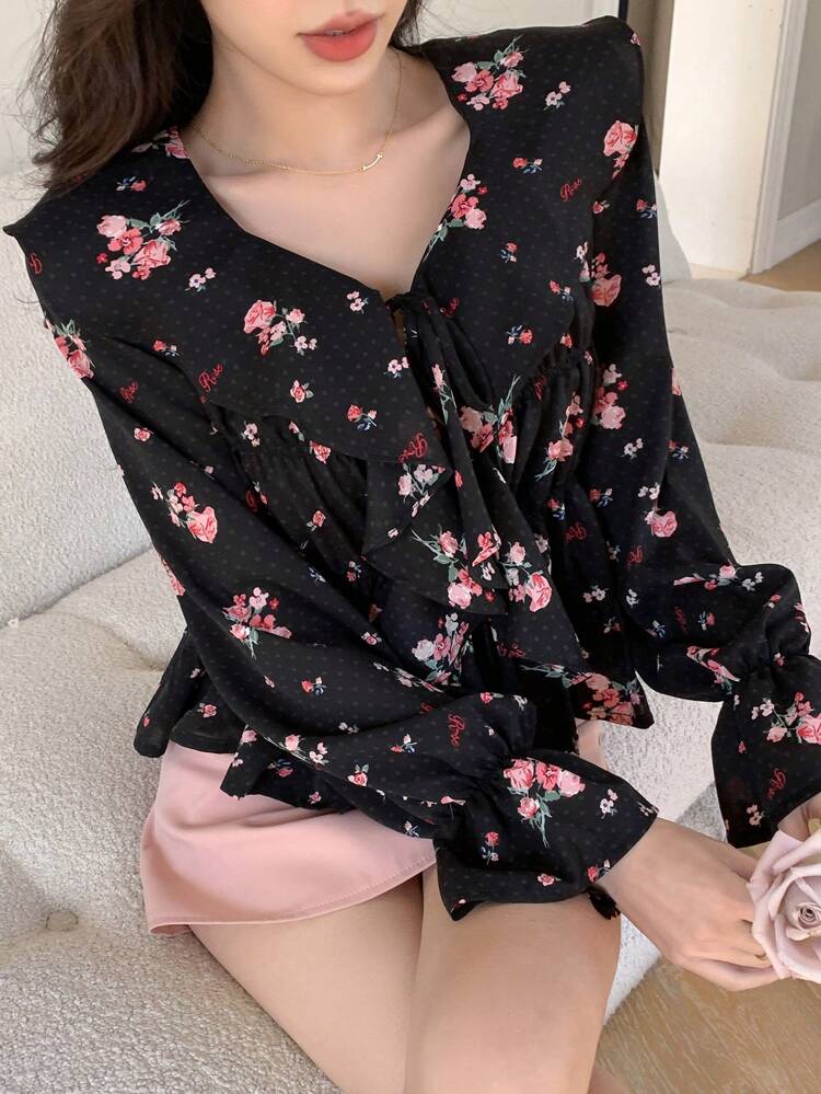 Floral Print Ruffle Edged Long Sleeve Blouse With Belt Vacation Outfits Women Easter Boho