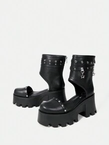 SheIn ICON Của phụ nữ Ngoài trời Chóp giầy tròn Nêm Gót chân Dày Đế Đúng mốt Trở lại Có khóa kéo Đen Giày ống - màu đen - Xem 1