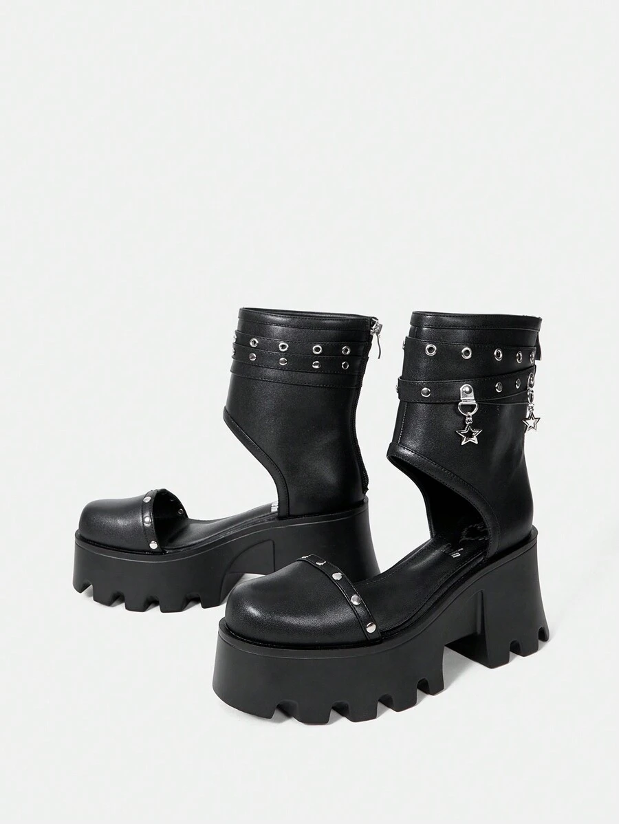 SheIn ICON Của phụ nữ Ngoài trời Chóp giầy tròn Nêm Gót chân Dày Đế Đúng mốt Trở lại Có khóa kéo Đen Giày ống - màu đen - Xem 1