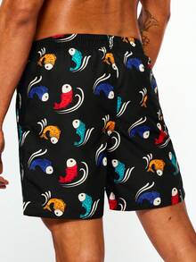 Manfinity Bermudas De Playa De Cordón Para Hombre Con Estampado De Pez Carpa - Negro - Ver 6
