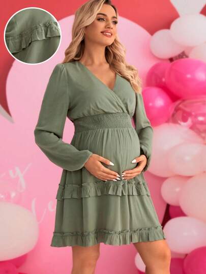 SHEIN Vestido De Maternidad Con Cuello En V, Mangas De Linterna Y Dobladillo Con Volantes