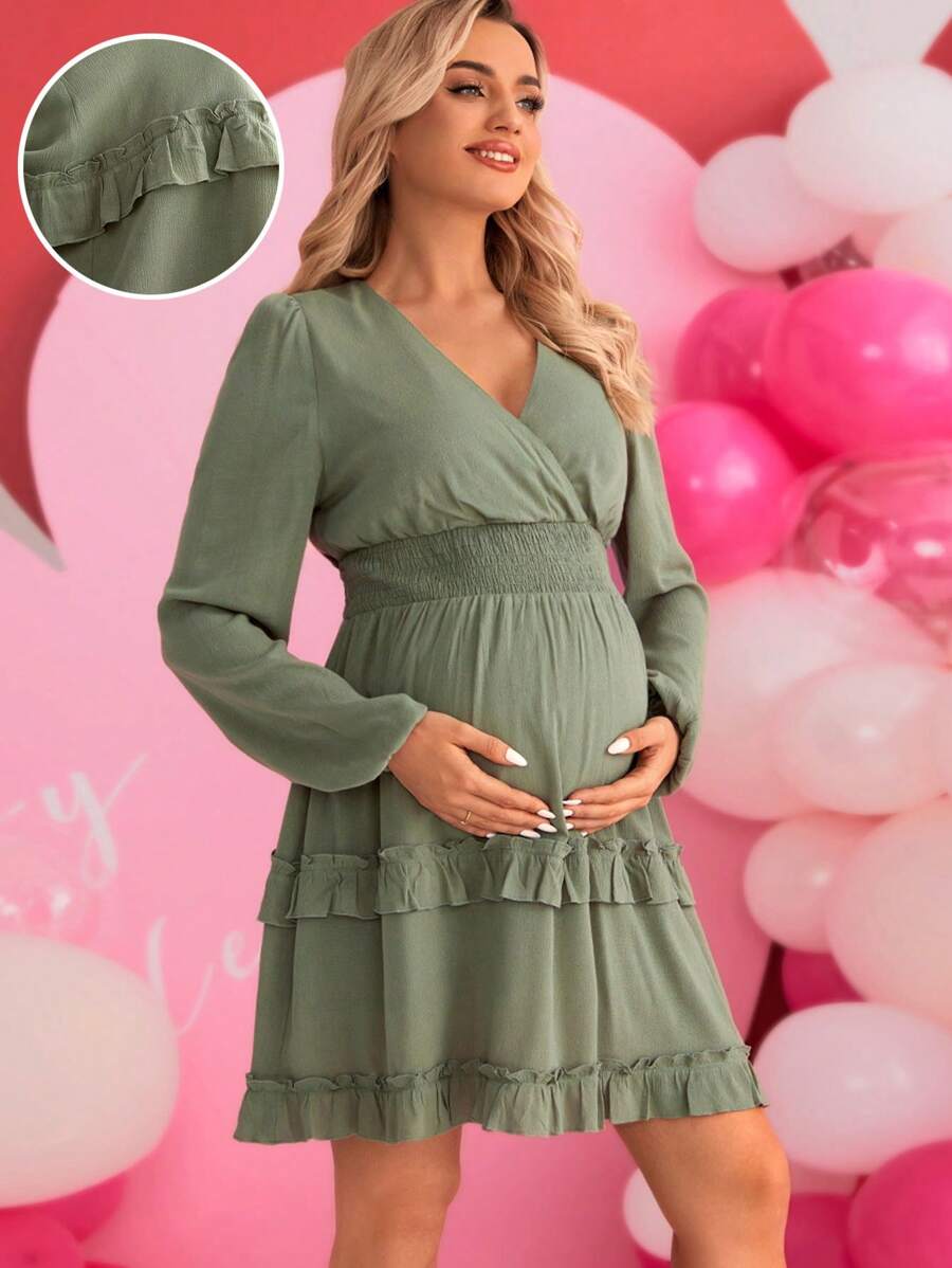 SHEIN 孕婦v領燈籠袖裙,帶荷葉邊 - 綠色 - 查看 1