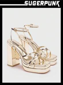 Sugerpunk 情人節Y2K新品，帶防水底平台十字背帶厚底涼鞋，適用於夏季