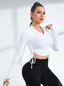 SHEIN Sports Sudadera Deportiva De Manga Larga Con Dobladillo Con Cordón Para Mujeres - Blanco - Ver 3