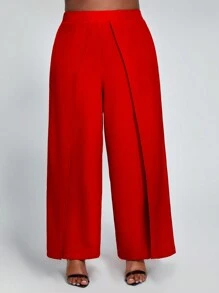 SHEIN Lady Pantalones Palazzo Sólidos Y Envolventes Para Mujer De Talla Grande - Rojo - Ver 3