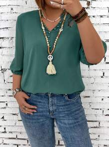 SHEIN LUNE Plus Size Women'S Half Sleeve Shirt With Notched Collar - Green - View 3