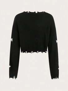 SHEIN EZwear Women's Sweater With Cross Pattern And Frayed Edges,Long Sleeve Tops - Black - View 2