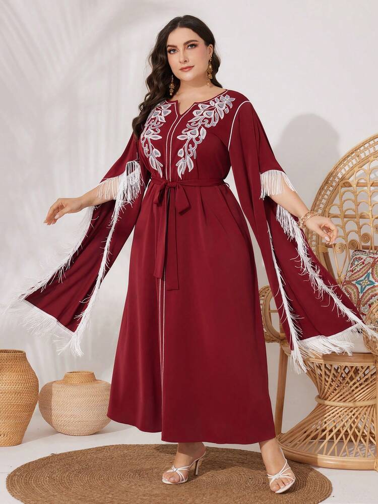 Burgundy Red Plus Size Women's Arabian Clothing With Botanical Pattern Patchwork And Tassel Hemline