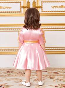 SHEIN Đứa bé gái Tuyệt đẹp Xa ten In Ngắn tay Đầm - Hồng - Xem 2