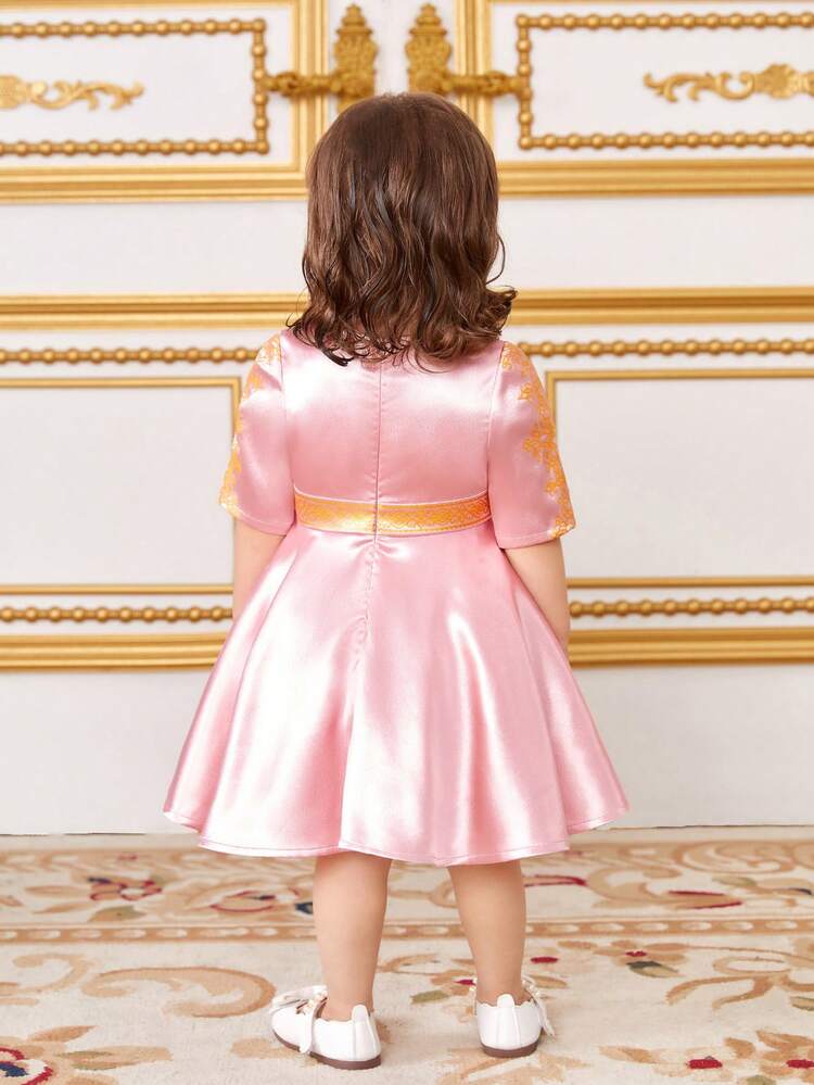 Baby Girl Gorgeous Satin Printed Short Sleeve Dress