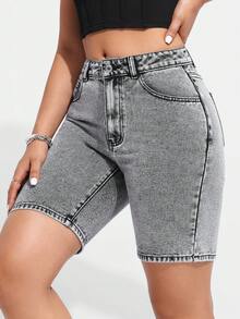 SHEIN EZwear Của phụ nữ Thon gọn Quần short Denim Với Nghiêng Túi - Xám - Xem 3