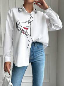 EURMUSE Women'S Abstract Face Printed Long Sleeve Shirt - White - View 1