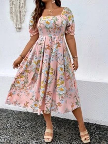 Breezaya Plus Size Boho Floral Printed Square Neckline Dress, For Summer - Pink - View 7