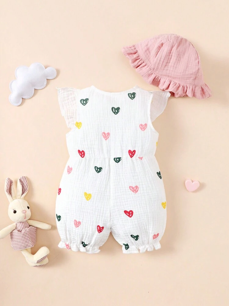 Baby Girl Casual Heart Shaped Romper With Ruffle Hem