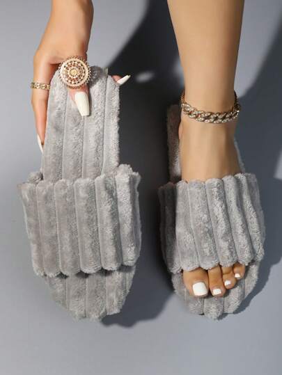 Fall/Winter Women's Plush Grey Striped Comfortable Slipper, Minimalist Anti-Skid And Mute Indoor House Slipper, Fashionable Lightweight And Soft Padded Sole Fluffy Slipper