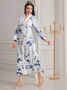 Modelyn Đầm dài tay in hoa cho nữ Đầm dạ hội dài - Xanh và trắng - Xem 4