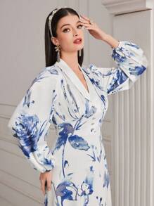 Modelyn Đầm dài tay in hoa cho nữ Đầm dạ hội dài - Xanh và trắng - Xem 6