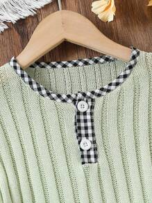 Young Boy Color Block Gingham Decorated Casual Sweater - Green - View 3