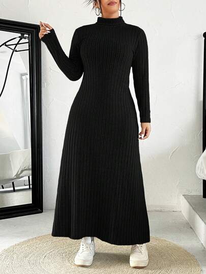 SHEIN EZwear Plus Size Solid Color Ribbed Knit Turtleneck Sweater Dress