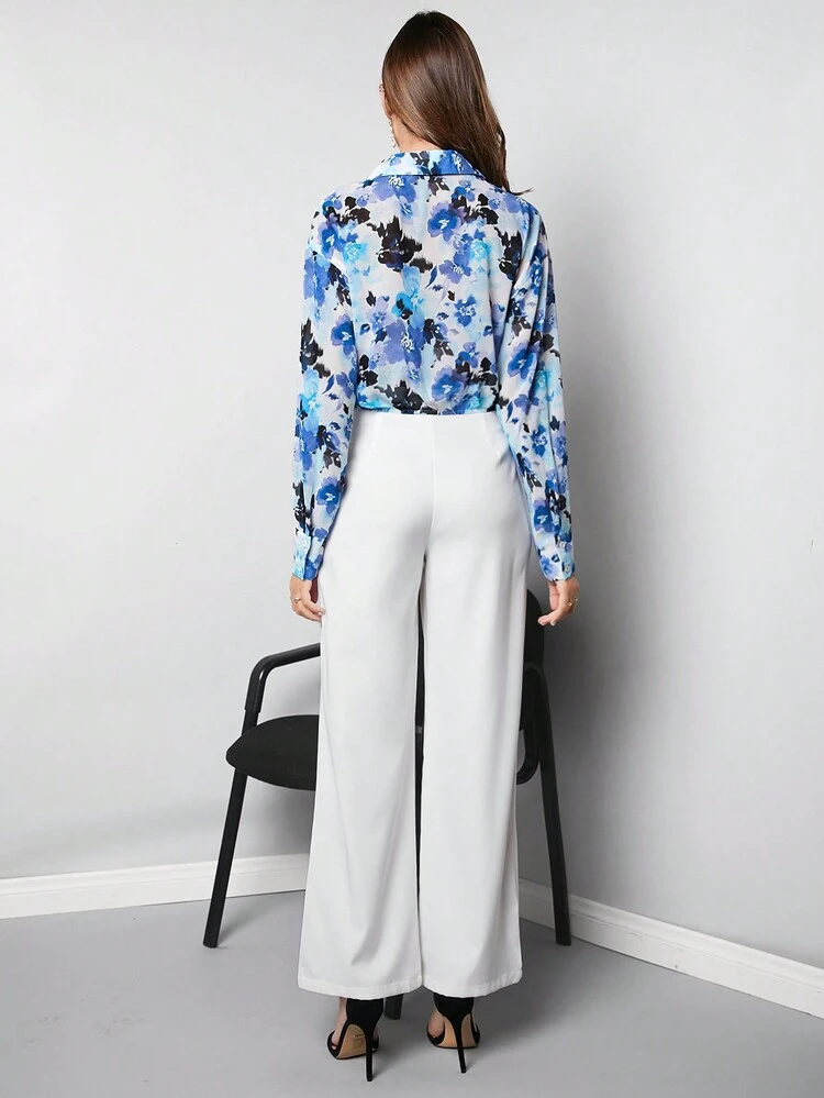 Women'S Floral Print Twist Knot Hem Long Sleeve Shirt