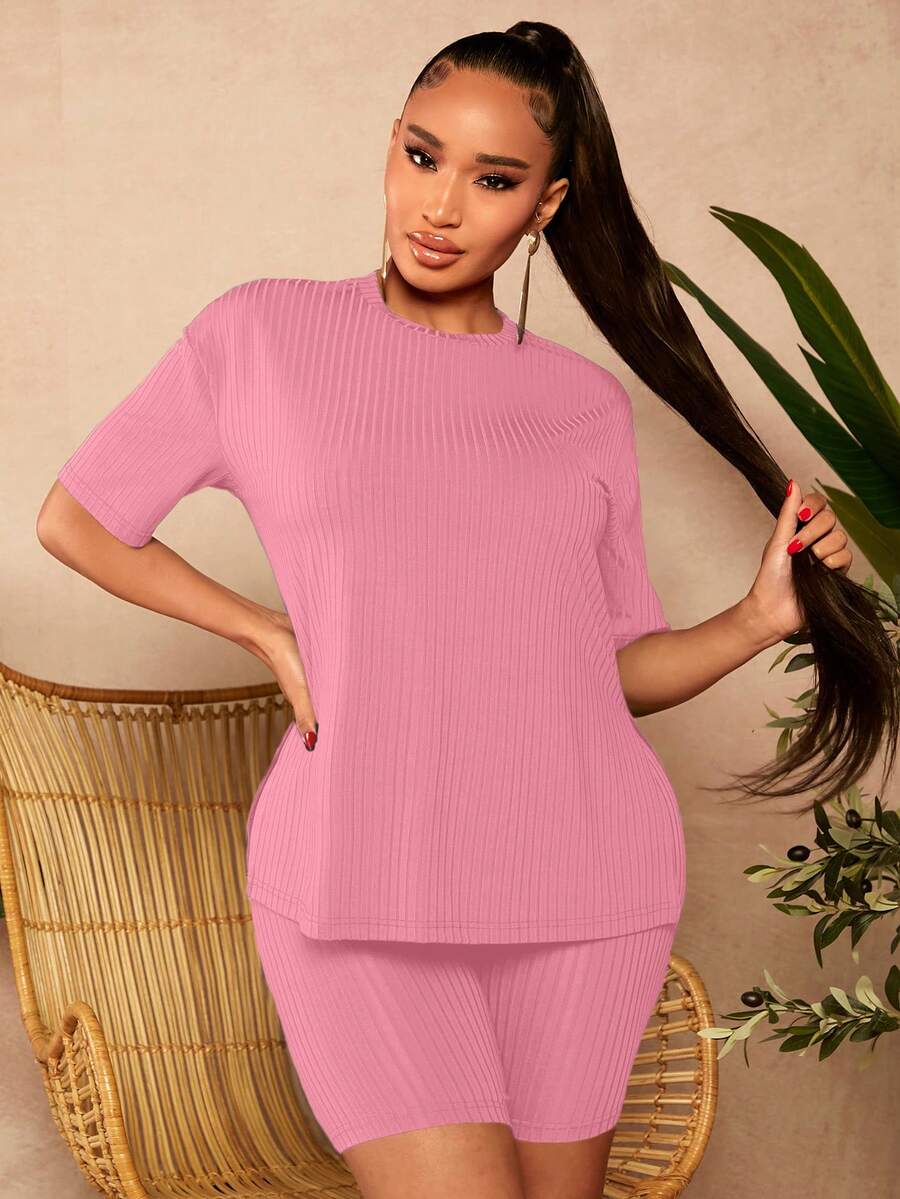 SHEIN SXY Quý cô Màu thuần Đồ đan Ribbed Bộ - Màu Hồng baby - Xem 1