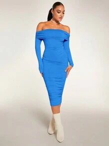 SHEIN BAE Women'S Foldover Off Shoulder Ruched Bodycon Dress - Blue - View 1