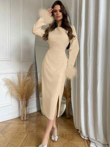 Firerie Vestido Con Dobladillo Con Abertura Y Mangas Patchwork Para Mujer